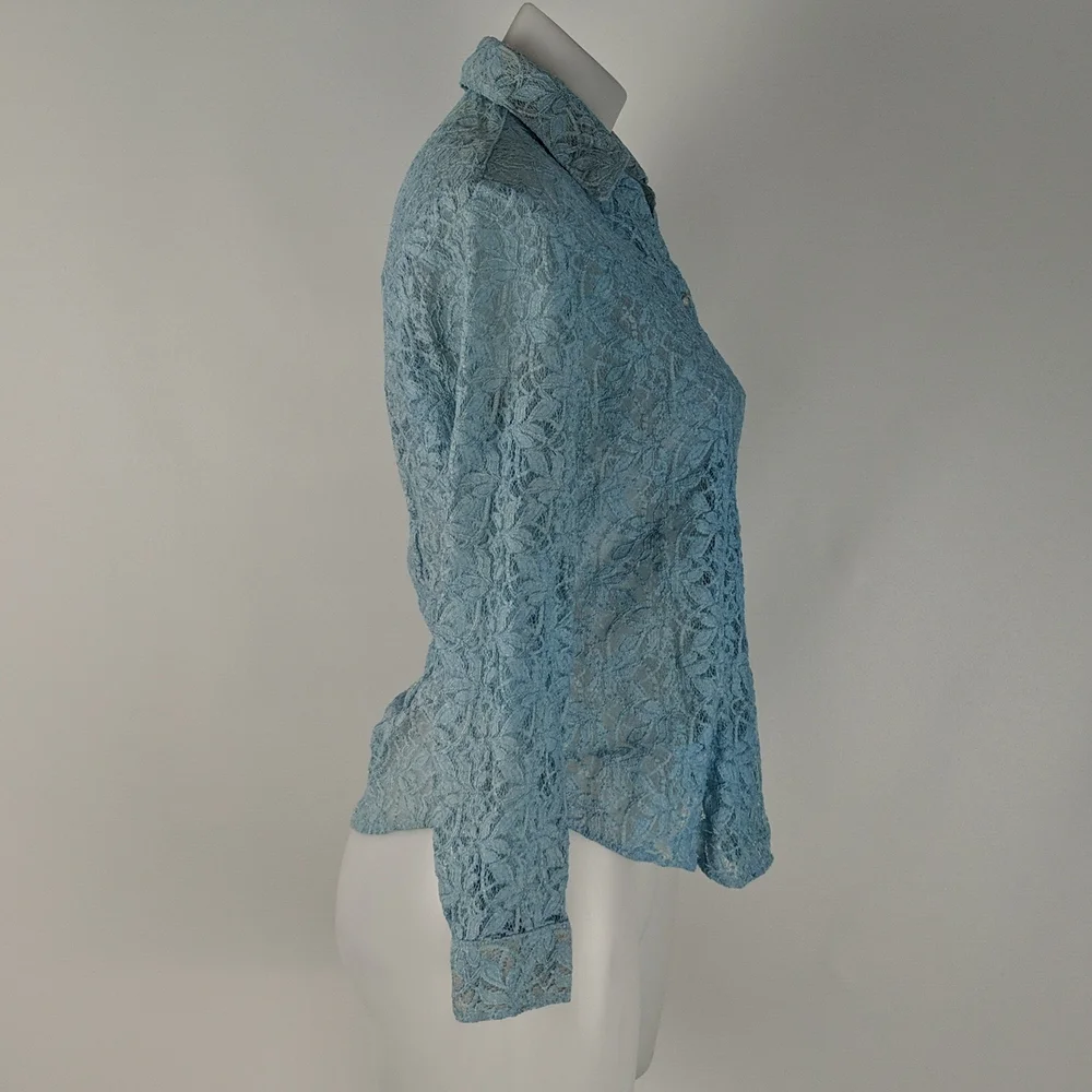 St Mario Women's Top Size Medium Blue Sheer Lace Long Sleeve Button Front Collar - Picture 5 of 13